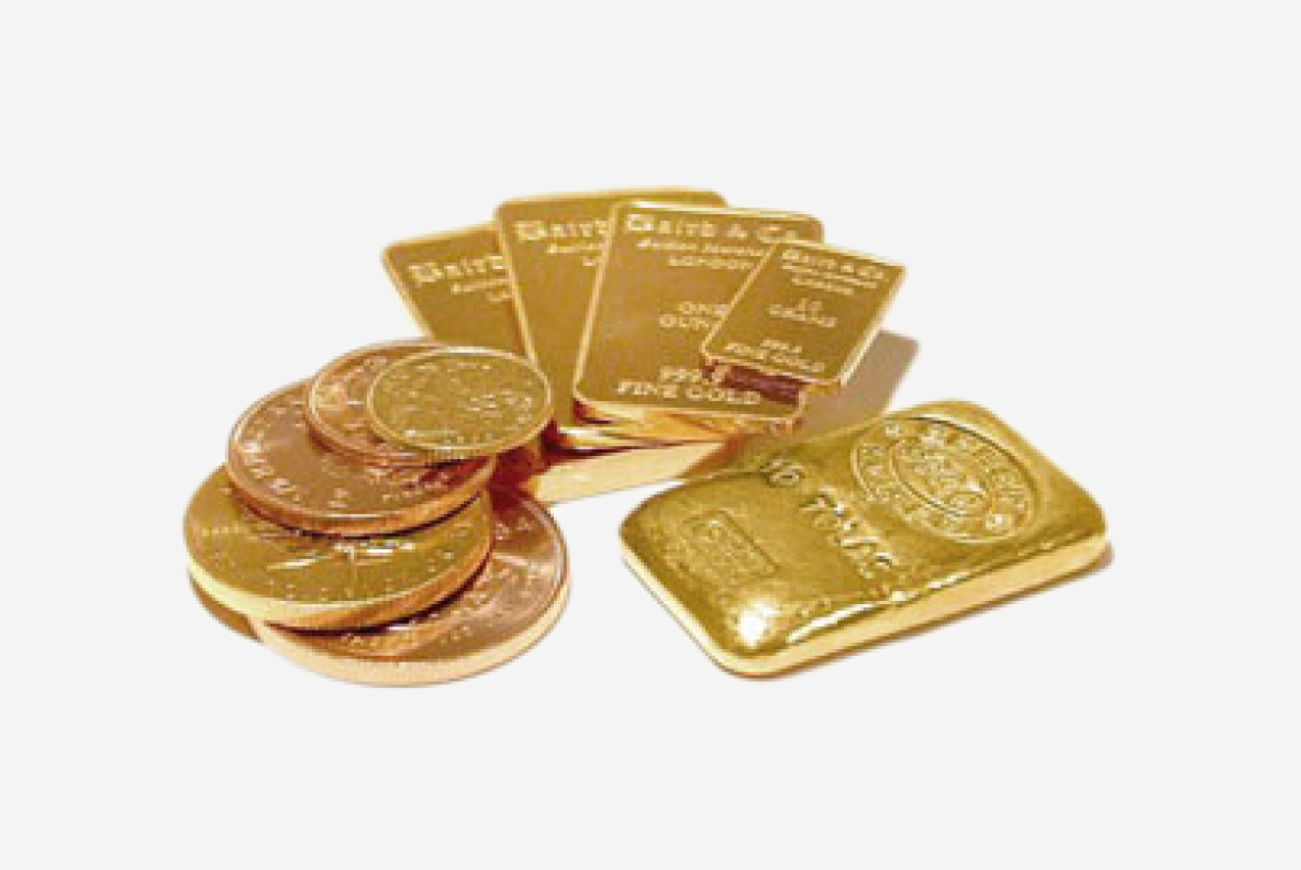 Gold bullion bars and coins
