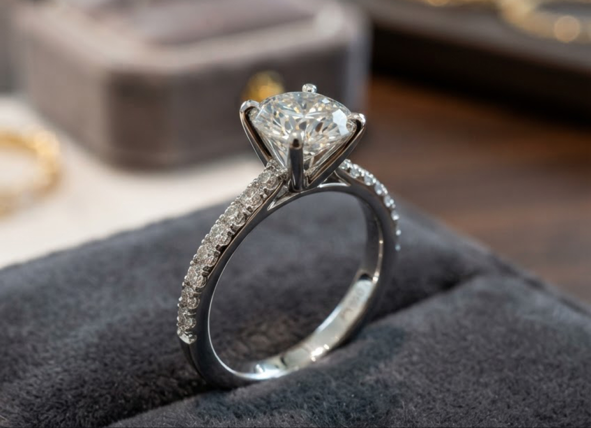 Diamond engagement ring in a velvet ring box